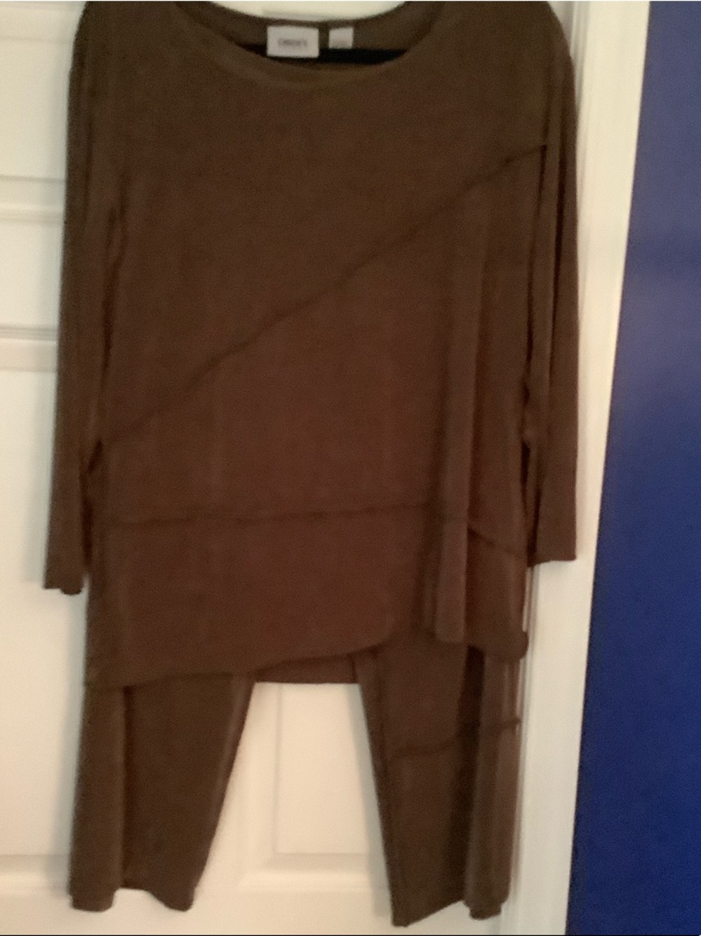 Chicos Travelers Cropped Top & Pants in Dark Brown Stretch with Seamed trim.